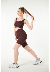 Resim Thiff Gymwear Yeşil Fitilli Kare Yaka Esnek Örme Crop Büstiyer Atlet Kahverengi 