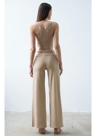 Resim Bol Paça Yüksel Bel Kemer Detaylı Pantolon - Açık Kahve Açık Kahverengi 
