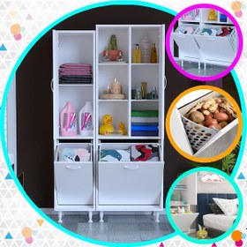 Resim Alaçatı Inci 92X165 Cm 3 Kapaklı Kirli Çamaşır Sepetli Banyo Dolabı Çok Renkli 