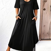 Resim Büyük Beden - Şık Omuzdan Uzun Elbise Cebi ile - Düz Renk, Kısa Kollu, Akışkan Tasarım, Polyester Karışımı, Günlük veya Resmi Durumlar için Mükemmel, Sevimli Elbiseler 