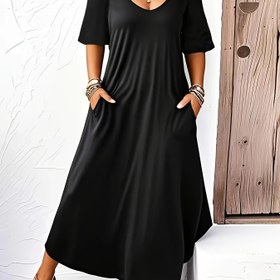 Resim Büyük Beden - Şık Omuzdan Uzun Elbise Cebi ile - Düz Renk, Kısa Kollu, Akışkan Tasarım, Polyester Karışımı, Günlük veya Resmi Durumlar için Mükemmel, Sevimli Elbiseler 