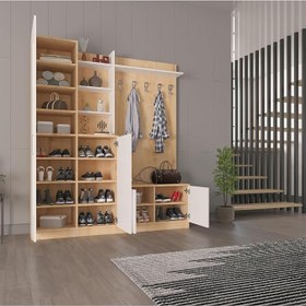 Resim ASRA TREND V-03 Portmanto 180 cm - Aynalı ve Raflı Vestiyer, Beyaz & Safir Meşe,%100 MDFLAM, Askılı ve Ayakkabılıklı Antre Dolabı 