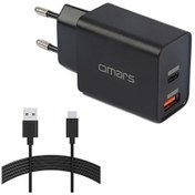 Resim 18W Çift Çıkışlı Type-C To USB Hızlı Şarj Cihazı ve 1 M Type-C Kablo Omars