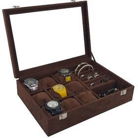 Resim Saat Kutusu 9'Lu Takı Bölmeli Alcantara Kahve 
