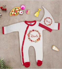 Resim Bk Kids Kişiye Özel Çiçek Tasarımlı Kırmızı Tulum Zıbın Ve Kukule Çok Renkli 