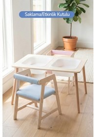 Resim Montessori Çocuk Ahşap Oyun Etkinlik Çalışma Masası, 2 Sandalye Seti Ahşap 