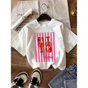 Resim Kadınların Günlük Yengeç Grafik Tişörtü - Bej Kısa Kollu Gömlek, Pembe ve Beyaz Çizgili, Nefes Alabilen Polyester Karışımı, Hafif ve Şık Bahar/Yaz İçin 