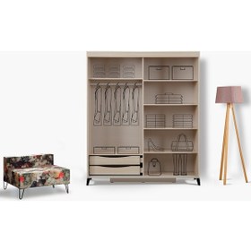 Resim Pasifichome Huga Sürgülü Gardırop Meşe 150Cm / 2 Kapaklı Çekmeceli Dolap 