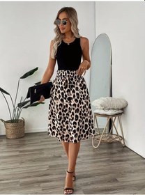 Resim Efnaz Style Kadın Askılı Yuvarlak Yakalı Viskon Bluz Ve Leopar Desenli Önü Düğmeli Midi Etek Ikili Takım Siyah 