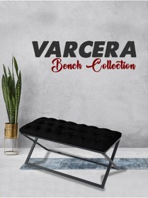 Resim Gazzini Furniture Varcera Siyah Puf - Siyah Çapraz Metal Ayaklı, Kapitoneli Chester Model Bench Puf 