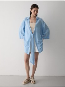 Resim Laluvia Mavi Flam Keten Kimono Gömlek Mavi 