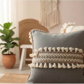 Resim Antrasit Şeritli Ponponlu Kırlent 2 Adet Kırlent Kılıfı 43x43 Gri 