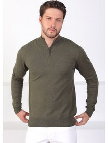 Resim Ferraro Haki Dik Yaka Düz Renk Pamuk Erkek Kazak Haki 