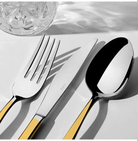 Resim Nehir Zarif Altın Sade 12 Kişilik 89 Parça Deri Kutulu Çatal Kaşık Bıçak Takımı Altın 