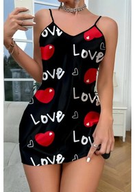 Resim Hello Papana Hello Papana Love Desenli Siyah Saten Gecelik Çok Renkli 