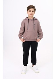Resim Toontoy Kids Toontoy Erkek Çocuk Relax Fit Kapüşonlu Cepli Hafif Düşük Omuz Baskılı Sweatshirt - 2 İplik Kahve 