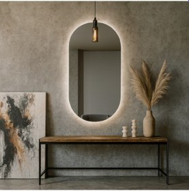 Resim 30x53 Cm Modern Oval Led Banyo Aynası Dokunmatik, Dim Edilebilir, 3000k Günışığı Sarı 