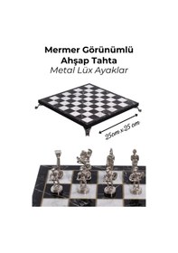 Resim Mc42 Antik Roma Metal Satranç Takımı - Mermer Desenli 25cm Tahta El Yapımı Taşlar 