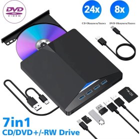 Resim GreaTech 7 In 1 Harici USB 3.0 Type-C DVD Rw CD Sürücü Yazıcı Okuyucu Oynatıcı Optik Sürücü 