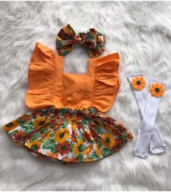 Resim ŞAPKAKİDS Kız Bebek Ayçiçeği Desen Turuncu Salopet Bandana Çorap Set 