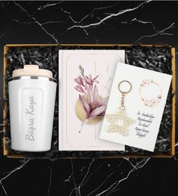 Resim Kişiye Özel Beyaz Çelik Termos & Özel Tasarım Defter & Yıldız Anahtarlık Hediye Seti 