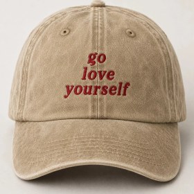 Resim "go Love Yourself" Ironik Söz Nakışlı Vintage Yıkamalı Beyzbol Şapkası 