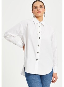 Resim Serpil Exclusive Kadın %100 Koton Oversize Gömlek Taş Düğme Detaylı Uzun Kollu Şık Model Beyaz 