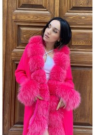 Resim Kürklü Triko Hırka & Uzun Triko Hırka & Kadın Triko Hırka Pembe 