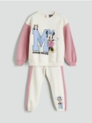 Resim LC Waikiki Ekru Bisiklet Yaka Minnie Mouse Baskılı Kız Çocuk Sweatshirt ve Eşofman Alt 2'li 