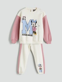 Resim LC Waikiki Ekru Bisiklet Yaka Minnie Mouse Baskılı Kız Çocuk Sweatshirt ve Eşofman Alt 2'li 