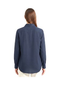 Resim Goffra Kadın Solo %100 Doğal Keten Gömlek -- Klasik Yaka Basic Minimalist Tasarım Lacivert W208-k0401-03 