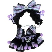 Resim 2 adet Sevimli Sanrio Serisi için for kuromi LAbUBU Kostümü - Mor Pom Pom'lar ve Mavi Çiçek Detayları ile Siyah Kıvrımlı Omuz Elbisesi, Kumaş Cos'unuzu Süslemek İçin Mükemmel, Cosplay Aksesuarı|Oyuncağız Tasarımı|Poliester Kostüm, Sevimli Kıyafetler 