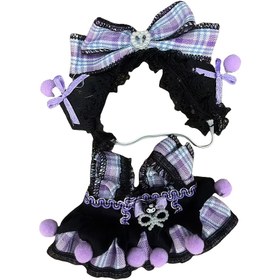 Resim 2 adet Sevimli Sanrio Serisi için for kuromi LAbUBU Kostümü - Mor Pom Pom'lar ve Mavi Çiçek Detayları ile Siyah Kıvrımlı Omuz Elbisesi, Kumaş Cos'unuzu Süslemek İçin Mükemmel, Cosplay Aksesuarı|Oyuncağız Tasarımı|Poliester Kostüm, Sevimli Kıyafetler 