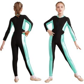 Resim Kızlar Dans Unitard Paten Tulum Tek Parça Uzun Kollu Bodysuit Jimnastik Leotard Mavi Yeşil 