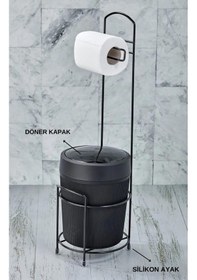 Resim Siyah Lüks Banyo Mutfak Çöp Kovası Metal Standlı Tuvalet Wc Kağıtlık Siyah 