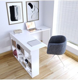 Resim Pera Raflı Çalışma Masası Beyaz 