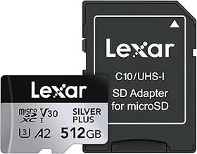 Resim Lexar 512 GB Profesyonel Silver Plus microSDXC Hafıza Kartı w/SD Adaptör, UHS-I, C10, U3, V30, Full-HD ve 4K Video, 205/150 MB/s'ye kadar Okuma/Yazma, Videografçılar, Oyuncular (LMSSIPL512G-BNANU) 