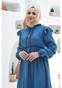 Resim Neways 6595 - Fırfırlı Liyosel Elbise Koyu Mavi 