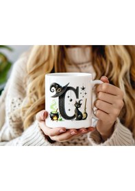 Resim C Harfli Halloween Kedili Figür Kupa Bardak - Şapkalı Ve Kazanlı İsme Özel Kupa - Hediye 07 Beyaz 