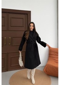 Resim Neşeli Butik Kadın Siyah Kuşaklı Reglan Kol Düğmeli Premium Kaşe Kaban Nbkbn01 Siyah 