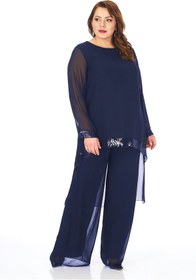 Resim LİLAS XXL Büyük Beden Lacivert Renkli Şifon Abiye Pantolon Bluz Takım 