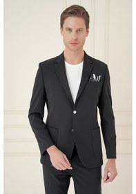 Resim Slim Fit Torba Cep Esnek Spandex Karışımlı Düz Siyah Blazer Ceket C 696 Siyah 