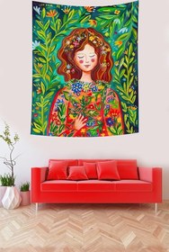 Resim Pelangi Çiçekler İçindeki Kız Relax Mistik Leke Tutmaz Kumaş Duvar Örtüsü Duvar Halısı Tapestry PNTR040, 35 x 50 