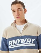 Resim Slogan Baskılı Sweatshirt Yarım Fermuarlı Renk Bloklu Pamuk Karışımlı Şardonlu 