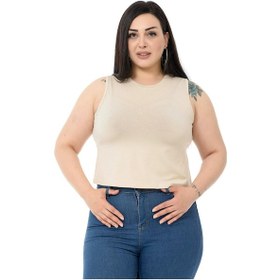 Resim Büyük Beden Bisiklet Yaka Kolsuz Crop Viskon Bej Body-bej Bej 