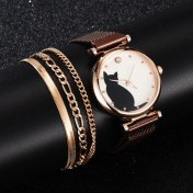 Resim Hanyang 4 Adet Kahve Seti-A 4 Adet Set Kadın Saatler Lüks Elbise Manyetik Kedi Desen Pembe Bayanlar Izle Bayanlar Bilezik Izle Relogio Feminino Dropshipping (Yurt Dışından) 
