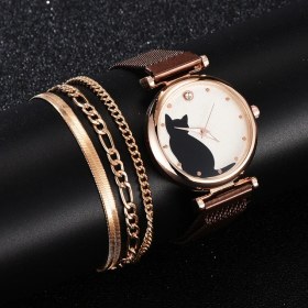 Resim Hanyang 4 Adet Kahve Seti-A 4 Adet Set Kadın Saatler Lüks Elbise Manyetik Kedi Desen Pembe Bayanlar Izle Bayanlar Bilezik Izle Relogio Feminino Dropshipping (Yurt Dışından) 