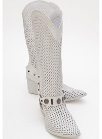 Resim Lıza Beyaz Cilt Kemerli Kalın Topuklu Kadın Yazlık Çizme Beyaz 