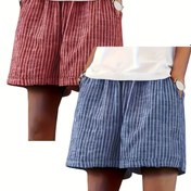 Resim Kadınların 2 parçalı çizgili cepli yazlık şortları - Rahat geniş paça elastik bel, hafif mavi ve beyaz dikey çizgiler, dış mekan etkinlikleri için mükemmel polyester karışımı 