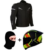 Resim LS2 ProheI COLOMBIA MONT SİYAH-ANTRASIT+RAPID 2 RACE EXTRA MAT NEON SARI-NAVY MAVİ KASK+VEXO BALAKLAVA 